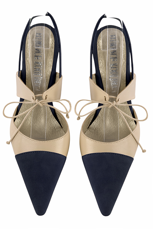 Navy blue and champagne beige women's open back shoes, with an instep strap. Pointed toe. High slim heel. Top view - Florence KOOIJMAN